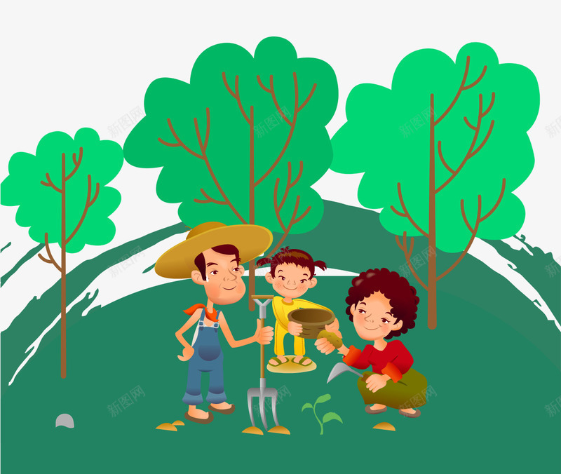 卡通种树png免抠素材_新图网 https://ixintu.com 卡通一家人 树木 种树 绿色