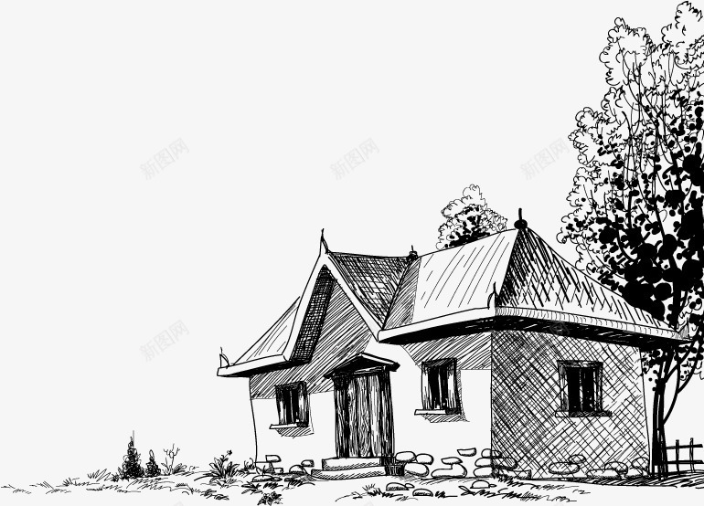 屋后的小树素描画png免抠素材_新图网 https://ixintu.com 房子 房屋 树叶 树木 植物 素描画 绘画 绿植