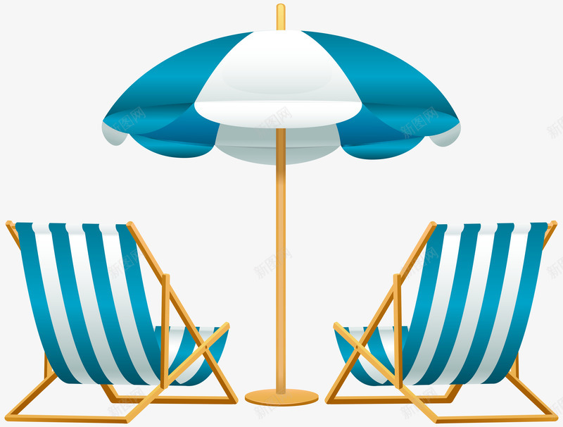 沙滩太阳伞和椅子png免抠素材_新图网 https://ixintu.com 卡通 手绘 条纹 沙滩伞 沙滩椅 白色的 蓝色的