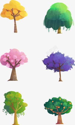彩叶树木卡通手绘水彩多色树木矢量图高清图片