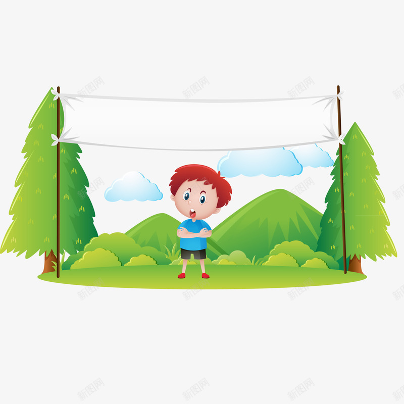 孩子与横幅png免抠素材_新图网 https://ixintu.com 云 公园 布标 景观 树木 男孩