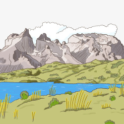 彩绘山与河流风景素材