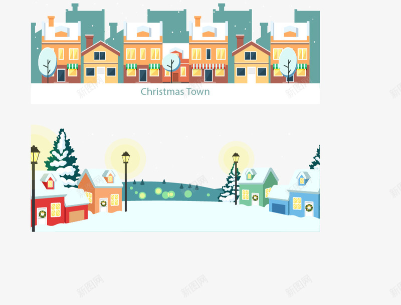 两副圣诞小镇横幅png免抠素材_新图网 https://ixintu.com 圣诞节 小镇 横幅 街景