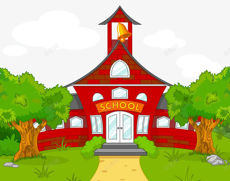手绘教学楼png免抠素材_新图网 https://ixintu.com 卡通 可爱 手绘 教学楼 树木 校园 森林 红色