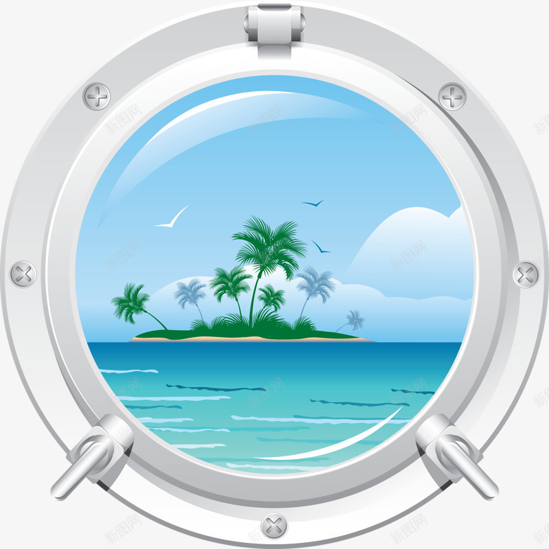 窗户外的风景png免抠素材_新图网 https://ixintu.com 卡通 椰子树 沙滩 海洋