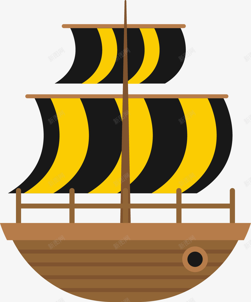 黄色条纹船帆png免抠素材_新图网 https://ixintu.com 一艘 卡通 手绘 棕色 船只 船帆 黄色 黑色