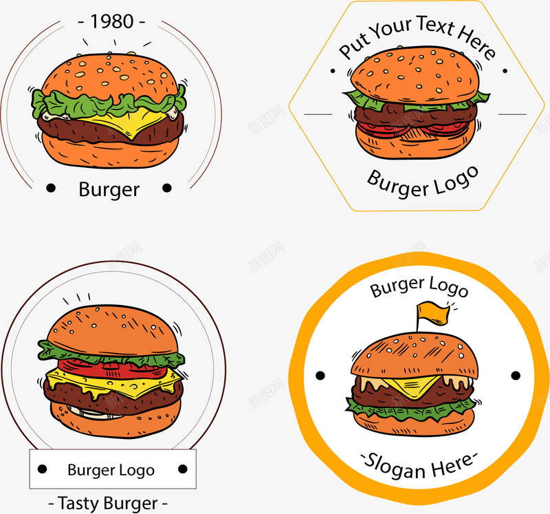 4款彩绘汉堡包标志矢量图图标ai_新图网 https://ixintu.com 商铺 图标 复古 彩绘 快餐 标志 汉堡包 食物 矢量图