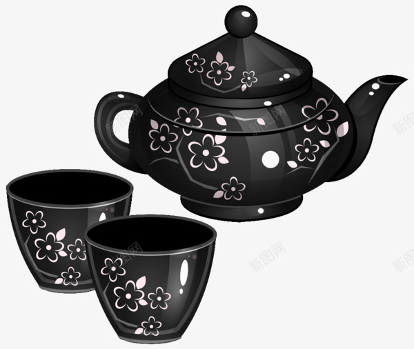 黑色茶具png免抠素材_新图网 https://ixintu.com 手绘 杯子 白色印花 花朵 茶壶