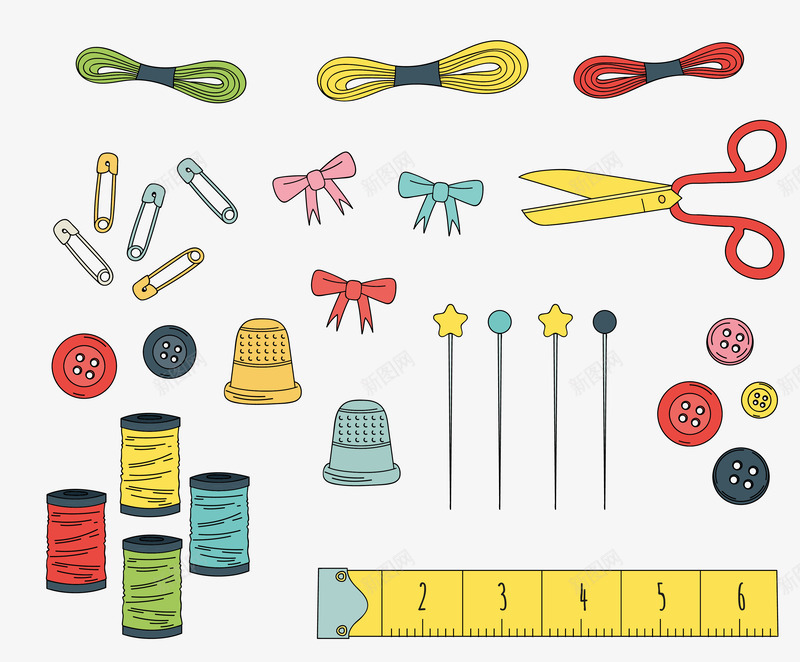 缝纫各种小元素矢量图ai免抠素材_新图网 https://ixintu.com 剪刀 各种小元素 尺子 纽扣 缝纫 矢量图