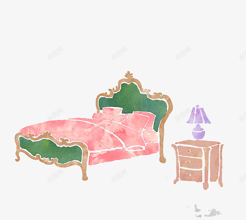 水彩绘床和床头柜png免抠素材_新图网 https://ixintu.com 床 床头柜 插画 水彩