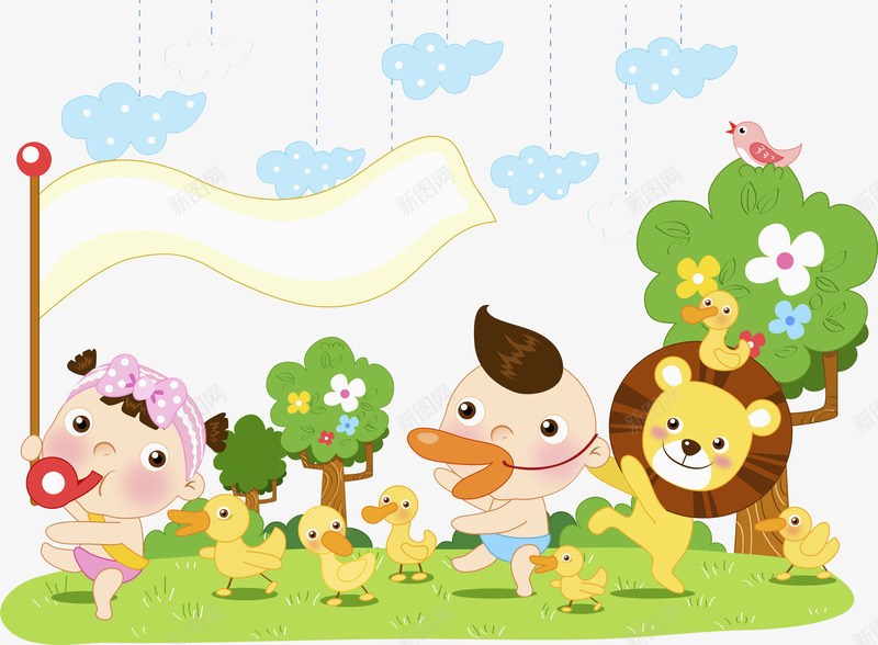 森林玩耍png免抠素材_新图网 https://ixintu.com 卡通人物 卡通手绘 孩子 树木 水彩画 肖像画 装饰图案 鸭子