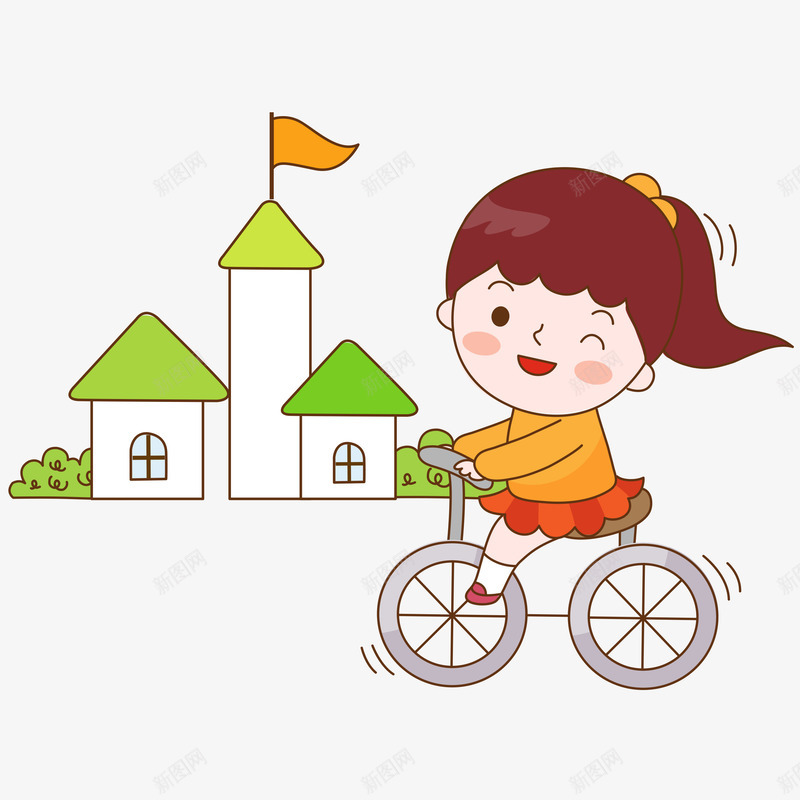 骑自行车的小女孩png免抠素材_新图网 https://ixintu.com 动漫动画 卡通人物 卡通手绘 小女孩 房屋 红旗 装饰图