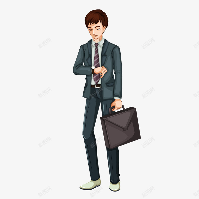 提公文包的男生png免抠素材_新图网 https://ixintu.com 公文包 卡通 商务 手表 条纹 男生 衬衫 领带