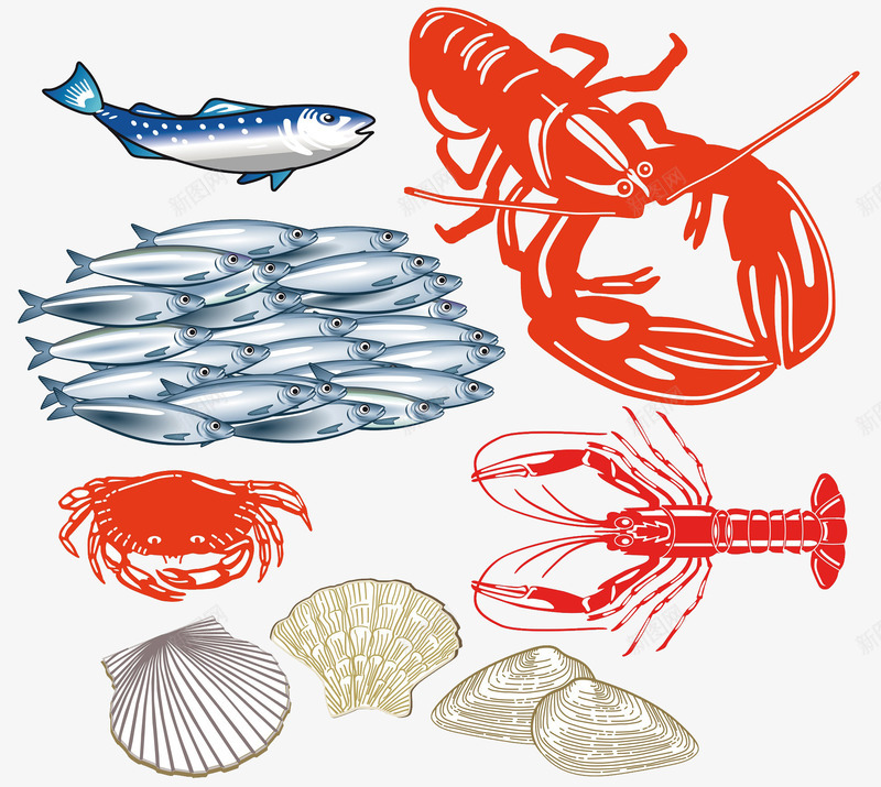 各种海产品png免抠素材_新图网 https://ixintu.com 卡通png 吃龙虾 各种海产品 手绘龙虾 美味的海产品 餐饮业