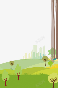 初夏绿色手绘树木郊外背景边框素材