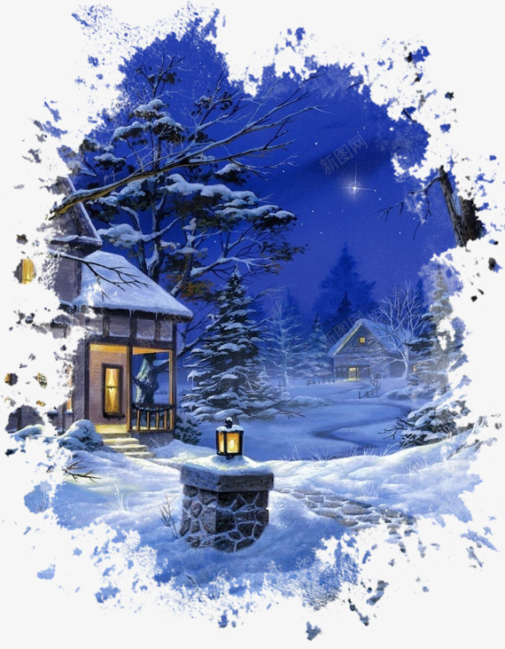 雪中美景png免抠素材_新图网 https://ixintu.com 树木 灯火 素材 雪花