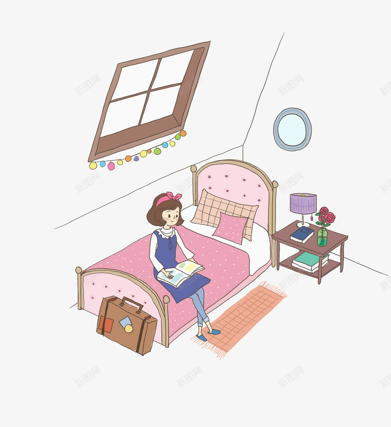 看书的女孩png免抠素材_新图网 https://ixintu.com 卡通 女孩 房间 手绘 看书