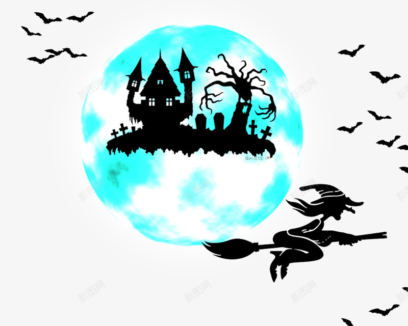 万圣节满月png免抠素材_新图网 https://ixintu.com 万圣节元素 圆月 城堡 飞翔的女巫