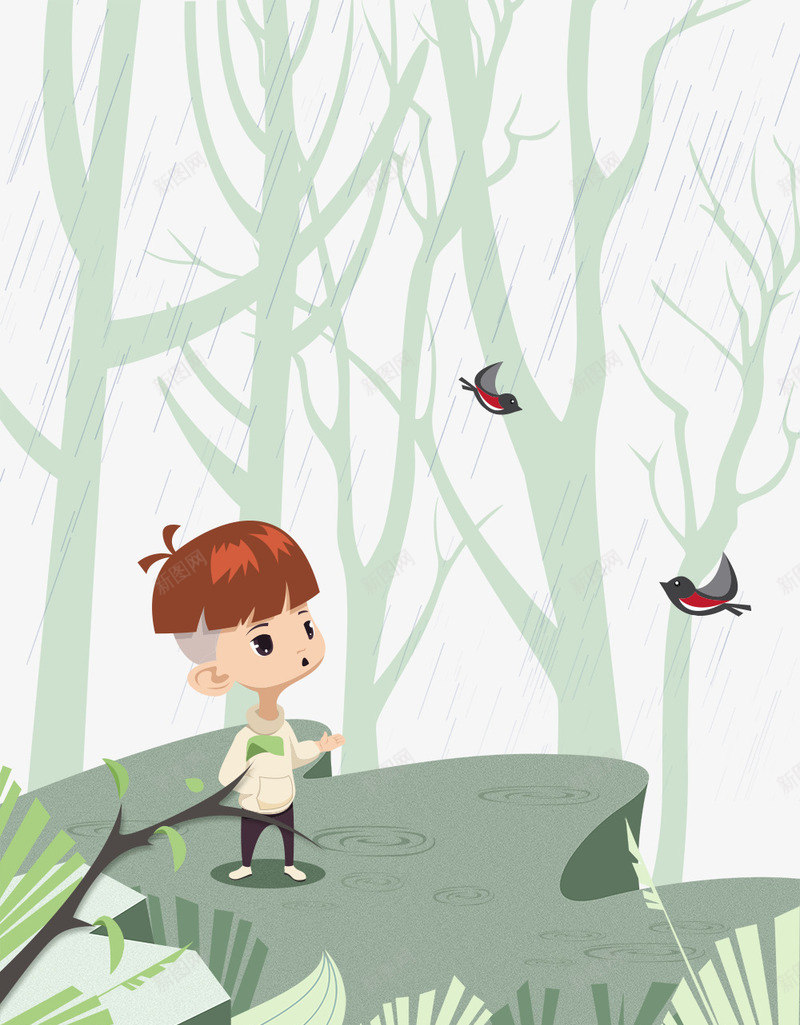 卡通手绘树林里的孩子psd免抠素材_新图网 https://ixintu.com 卡通 卡通男孩 手绘 树干 树木 树林里的孩子 飞翔的鸟