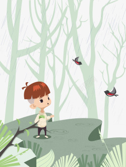 骑鸟孩子卡通手绘树林里的孩子高清图片
