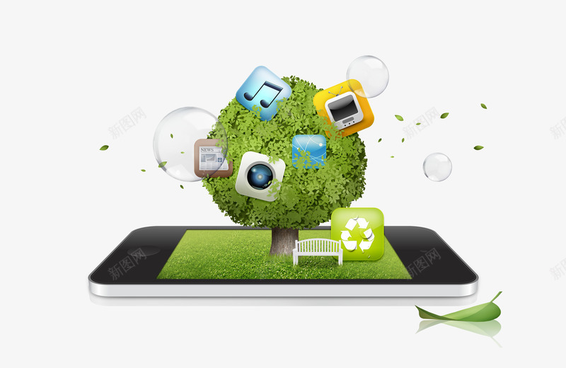 智能音乐手机png免抠素材_新图网 https://ixintu.com 创意广告 手机 手机生活 智能手机 智能音乐手机 树叶 气泡 绿色树木 透明泡泡