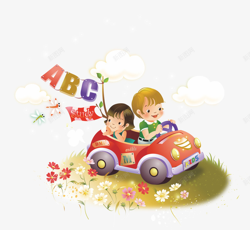 儿童开车png免抠素材_新图网 https://ixintu.com 卡通 小汽车 开车的人 彩绘