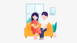 卡通坐在沙发上抱着孩子的父素材