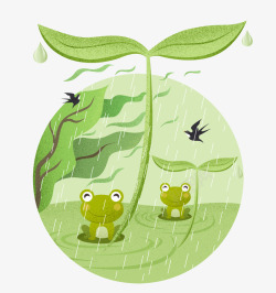 卡通手绘树叶下躲雨的青蛙素材