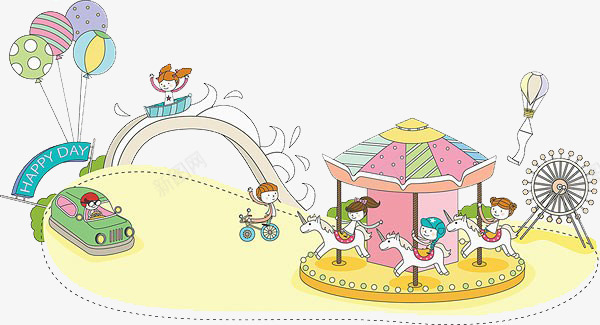 孩子们做旋转木马png免抠素材_新图网 https://ixintu.com 卡通 孩子们 旋转木马 气球