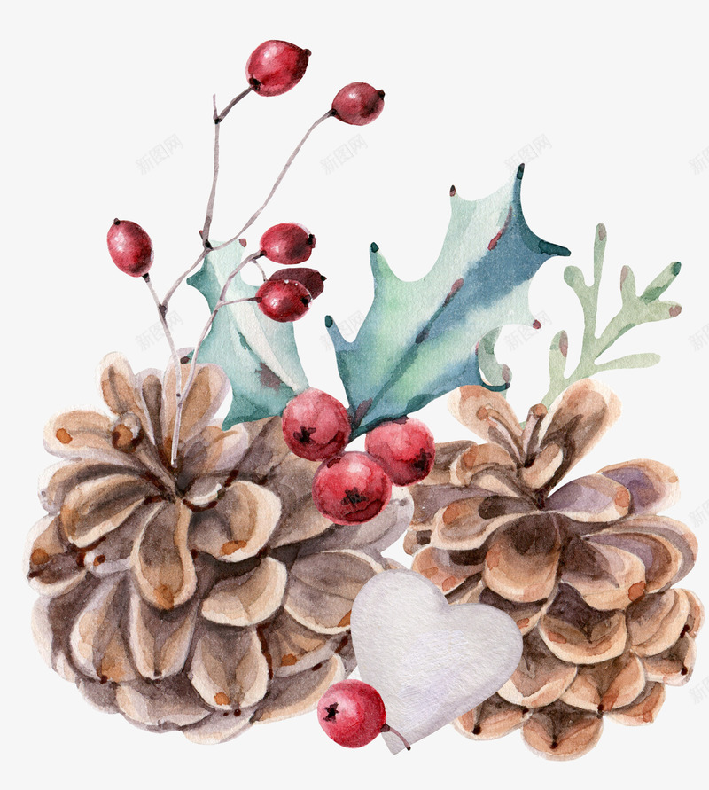 果子和松子png免抠素材_新图网 https://ixintu.com 叶子 手绘 松子 果子 树木 棕色的 水彩 红色的