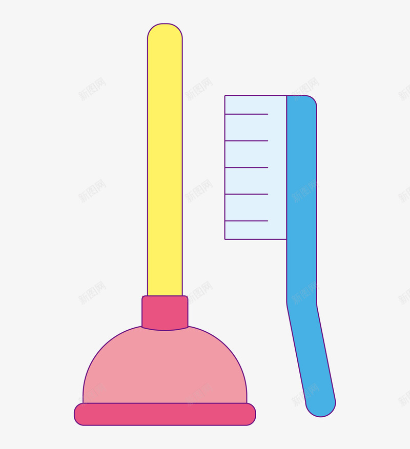 洗手间用具png免抠素材_新图网 https://ixintu.com 半圆 卡通手绘 牙刷 生活用品 红色 蓝色 马桶刷
