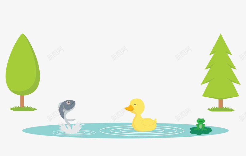池塘中的小鸭子png免抠素材_新图网 https://ixintu.com 春季装饰 池塘 绿色树木 绿色植物 背景装饰 黄色小鸭子