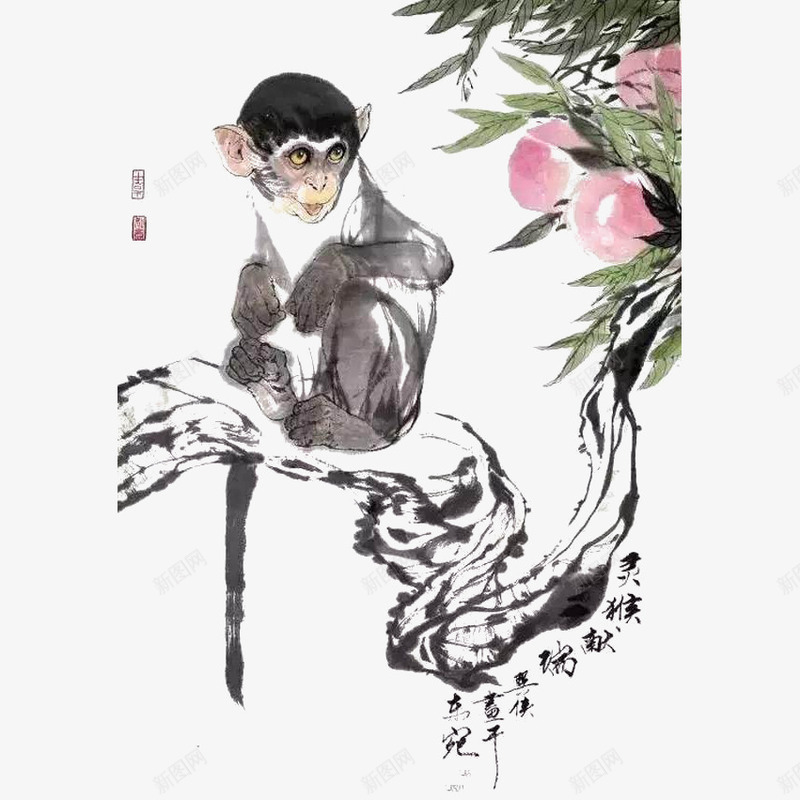 中国风水墨猴子在树干上艺术png免抠素材_新图网 https://ixintu.com 中国风 国画 彩绘 手绘 插图 树干 桃子 水墨 水墨猴子 猴子 艺术