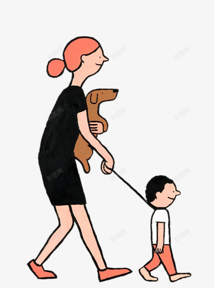 彩绘插画牵着孩子的妈妈psd免抠素材_新图网 https://ixintu.com 卡通手绘 妈妈 孩子 宠物