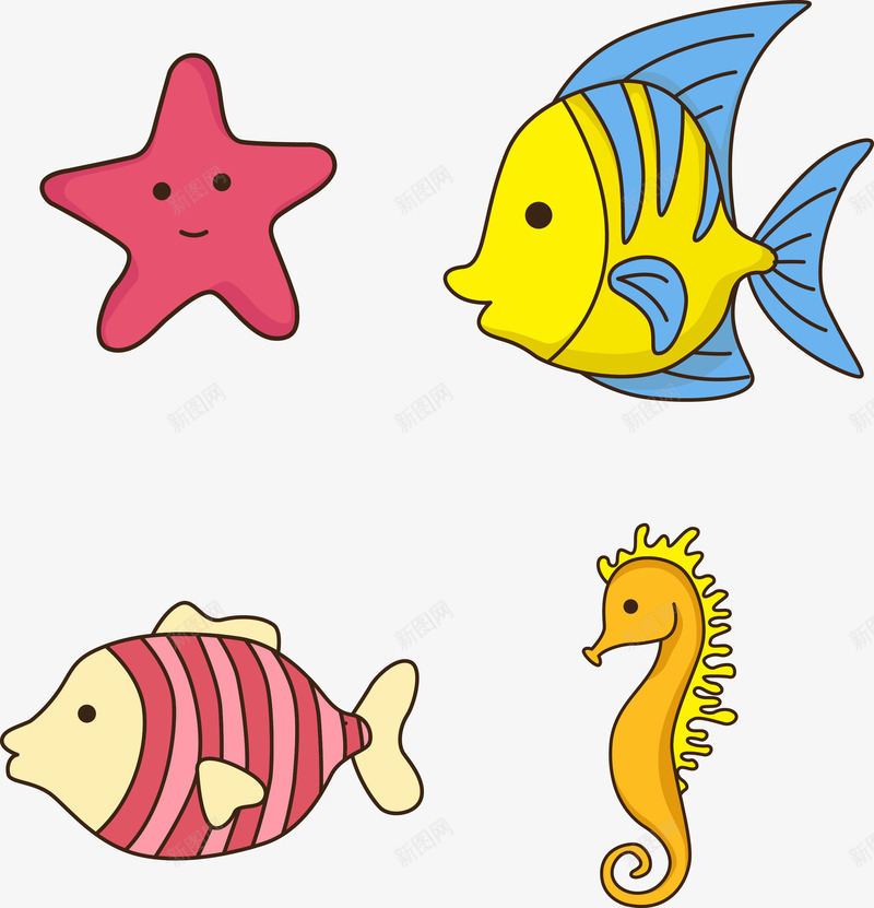 可爱彩色海洋生物png免抠素材_新图网 https://ixintu.com 卡通 可爱 海星 海洋 海马 热带鱼 生物