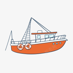 橙色卡通海上捕鱼船矢量图素材