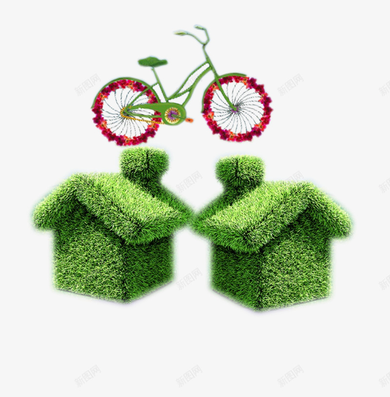 绿色草房子与自行车png免抠素材_新图网 https://ixintu.com 简易草房 绿色出行 绿色房子 绿色生活 自行车 草房子