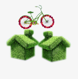 小草房子绿色草房子与自行车高清图片