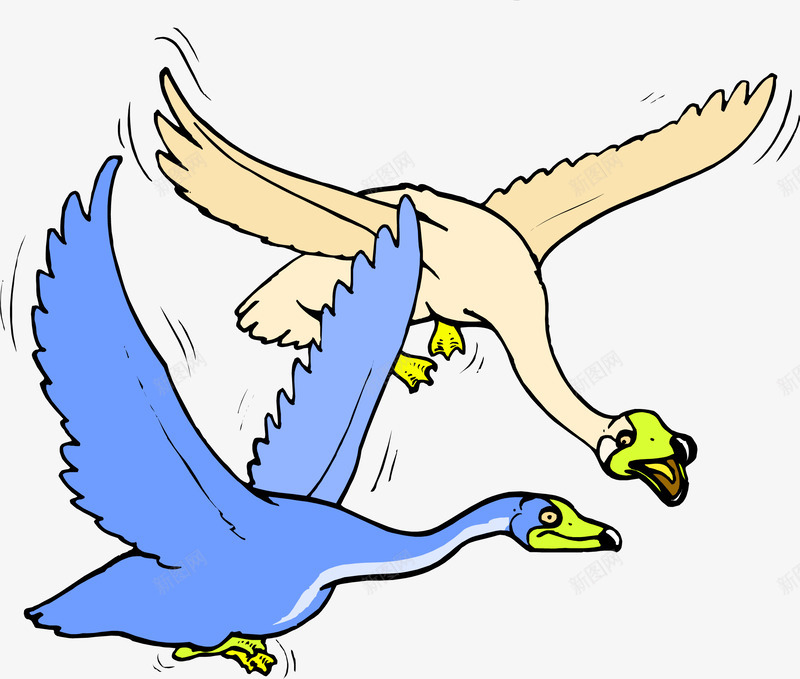 卡通天鹅png免抠素材_新图网 https://ixintu.com 两只 卡通 天鹅 手绘 棕色 绿色 蓝色 飞翔