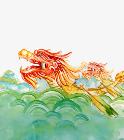 湖水里的龙舟水彩绘江里的龙舟高清图片