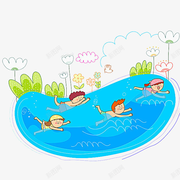 游泳的孩子png免抠素材_新图网 https://ixintu.com 卡通 可爱的 小孩子 树木 游泳 游泳人 简笔 蓝色的
