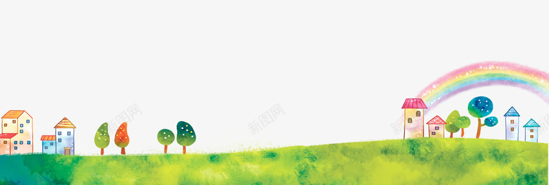 卡通手绘绿色的草地psd免抠素材_新图网 https://ixintu.com 免抠彩虹 卡通 房子装饰 手绘 树木 绿色的草地