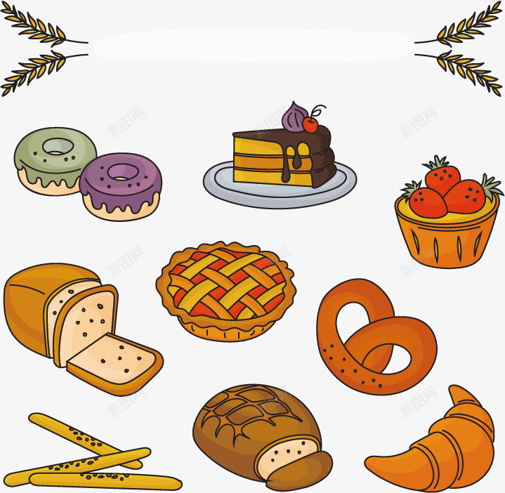彩绘烘培食物png免抠素材_新图网 https://ixintu.com 烘培食物 牛角面包 甜甜圈 纸杯蛋糕 菠萝包 蛋糕 面包