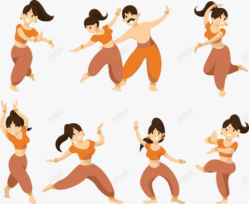 印度舞蹈png免抠素材_新图网 https://ixintu.com 卡通 橙色 歌舞 男女 肢体柔软 黄色
