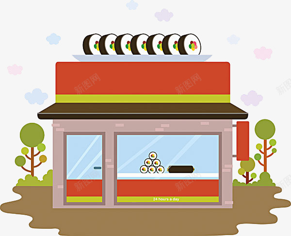 卡通寿司店png免抠素材_新图网 https://ixintu.com 卡通餐馆 可爱画风 广告 树木 装饰 食品餐饮