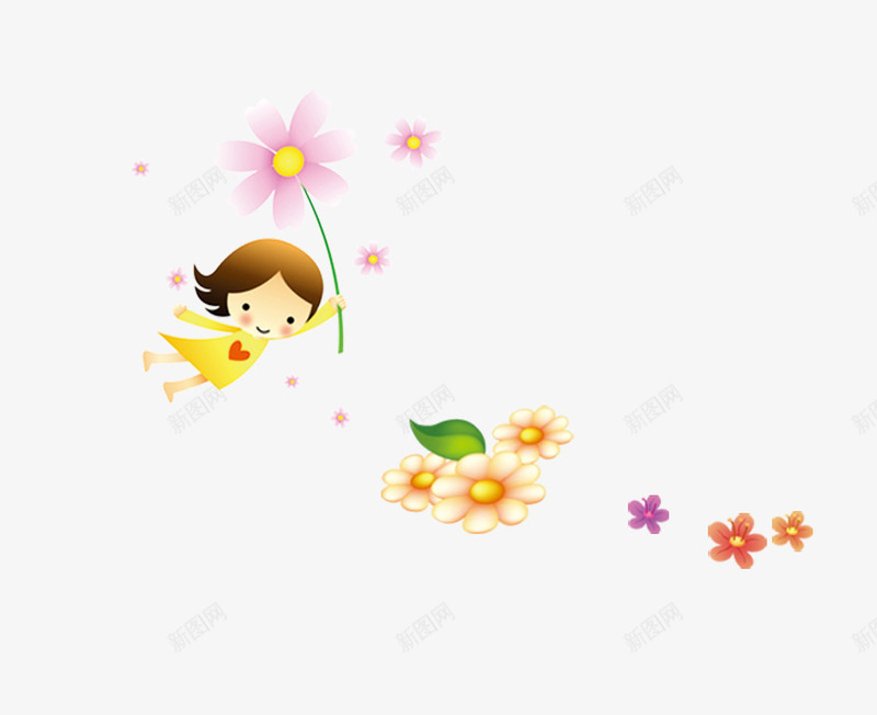 卡通手绘拿着花飞翔的小女孩png免抠素材_新图网 https://ixintu.com 卡通人物 卡通花朵 卡通飞翔的女孩