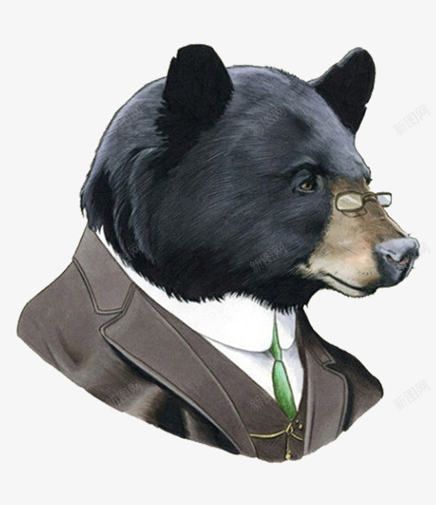 手绘动物png免抠素材_新图网 https://ixintu.com 写实 头像 彩绘 拟人动物 美洲黑熊 西服