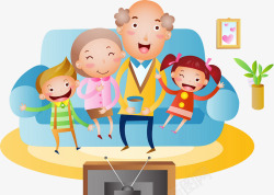 老人与孩子一起坐在沙发看电视素材