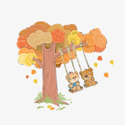 荡秋千的小熊卡通手绘小熊与树木高清图片