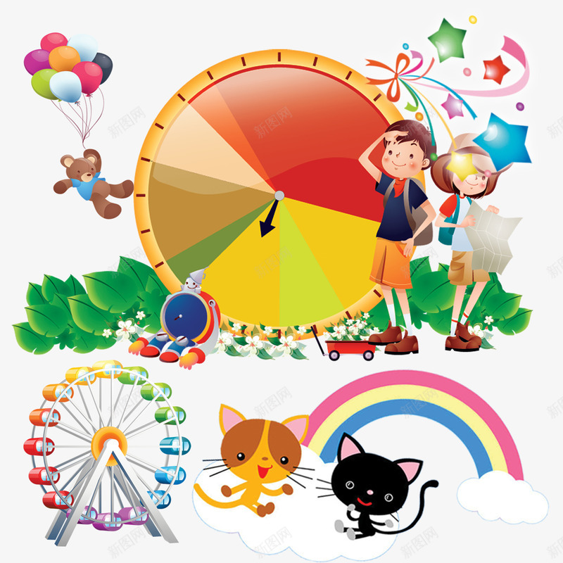 旅行的少年png免抠素材_新图网 https://ixintu.com 卡通 小猫咪 彩色气球 摩天轮 旅行 旋转转盘